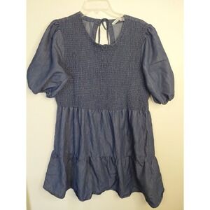 Given Kale Blue Denim Chambray Size XL Smocked Babydoll Mini Dress Boho Summer